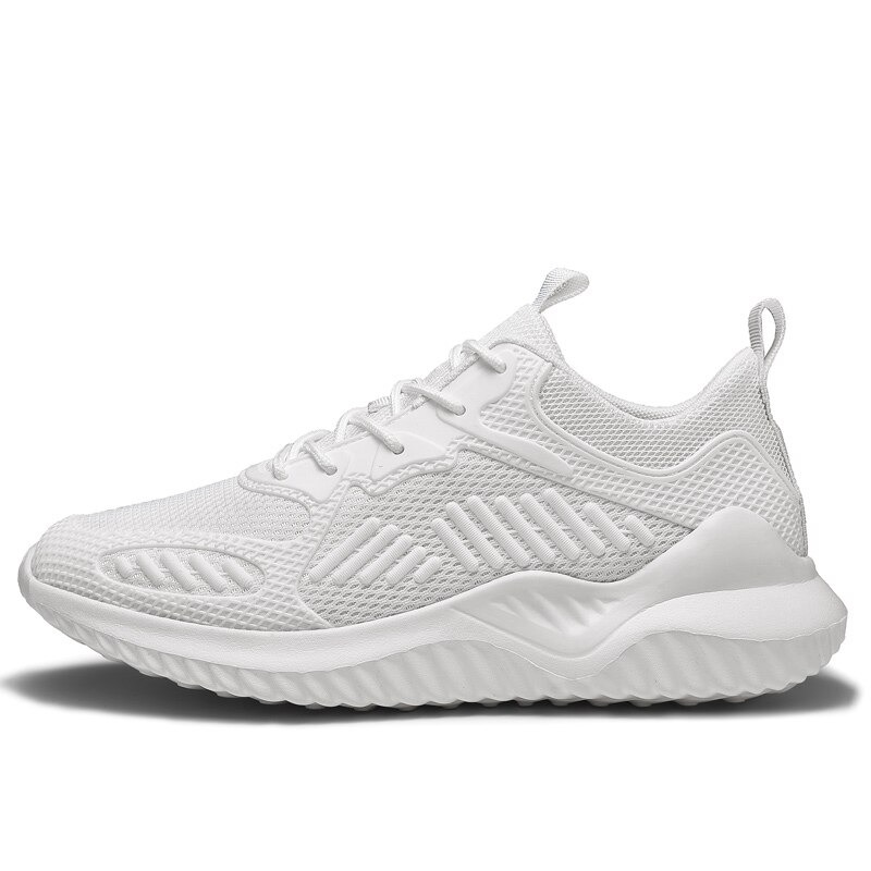 White casual sports mesh sneakers with breathable design and flexible sole for ultimate comfort.