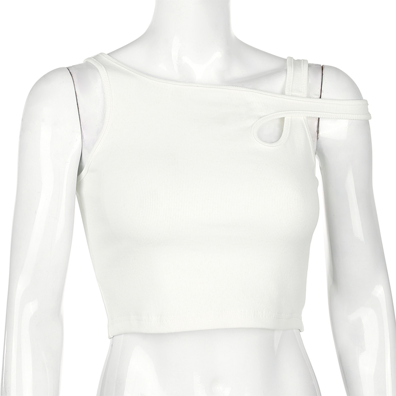 Fashionable women's white tank top with unique cut-out design, perfect for casual and sexy summer styles.