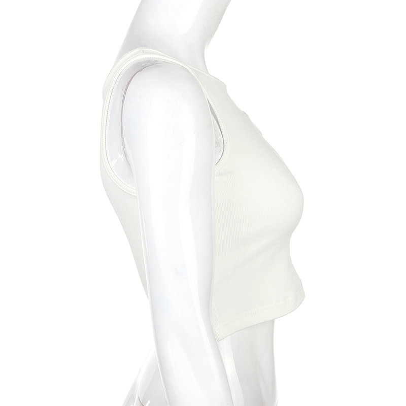 Profile view of a women's white sleeveless tank top, showcasing its form-fitting design and side cut for fashionable flair.