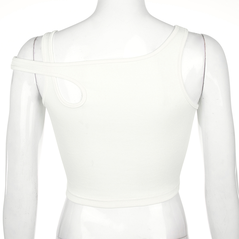 Back view of women's sleeveless white tank top featuring a unique cut-out design for a trendy casual look.