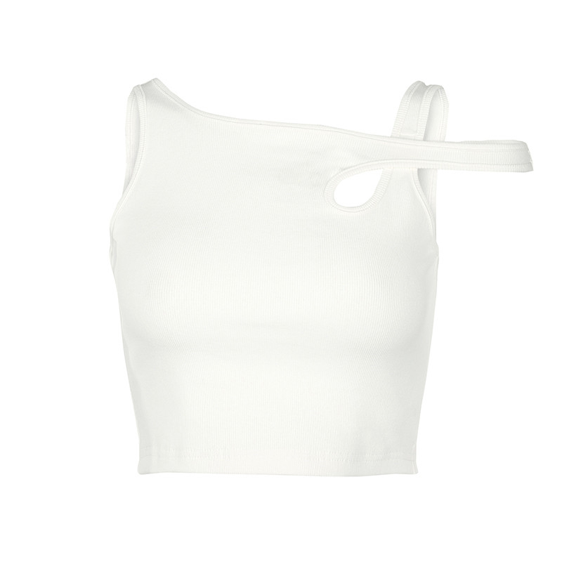 Stylish women's white tank top with a unique cut-out design and sleeveless fit, perfect for casual outfits.