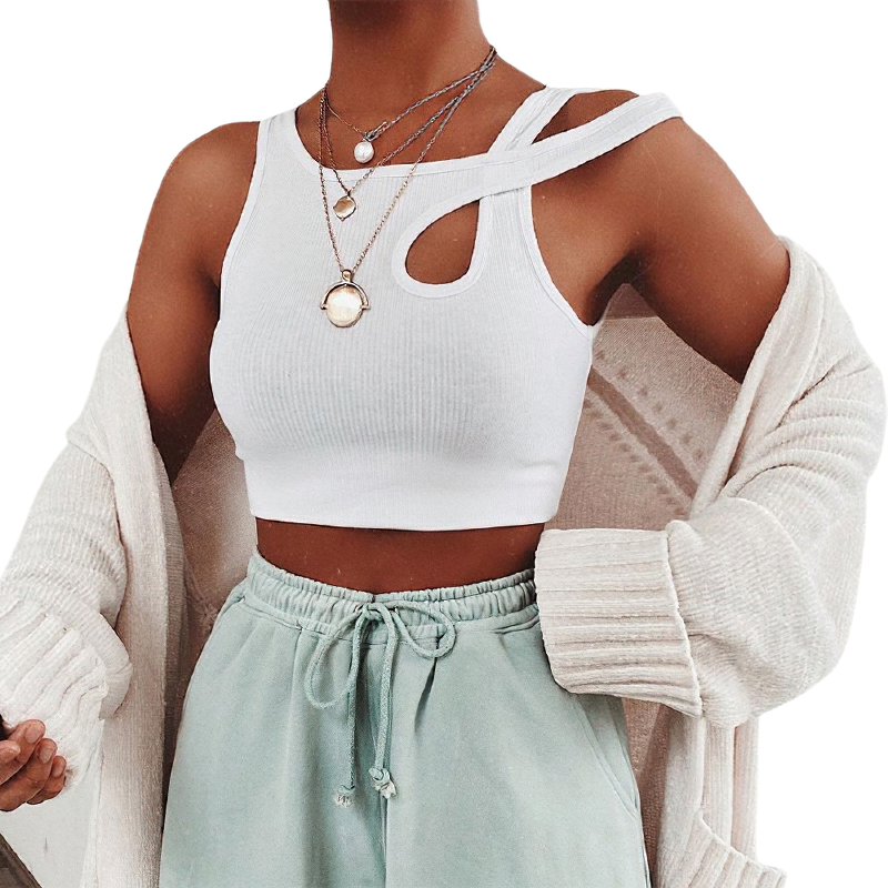 Fashionable women's white tank top with unique cut-out, perfect for casual style and enhancing your figure.