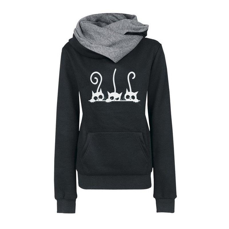 Black women's long sleeve hoodie featuring a stylish white cat print design and a cozy hood.