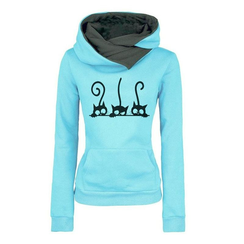 Blue women's long sleeve hoodie with a stylish cat print and comfy hood, perfect for casual outings.