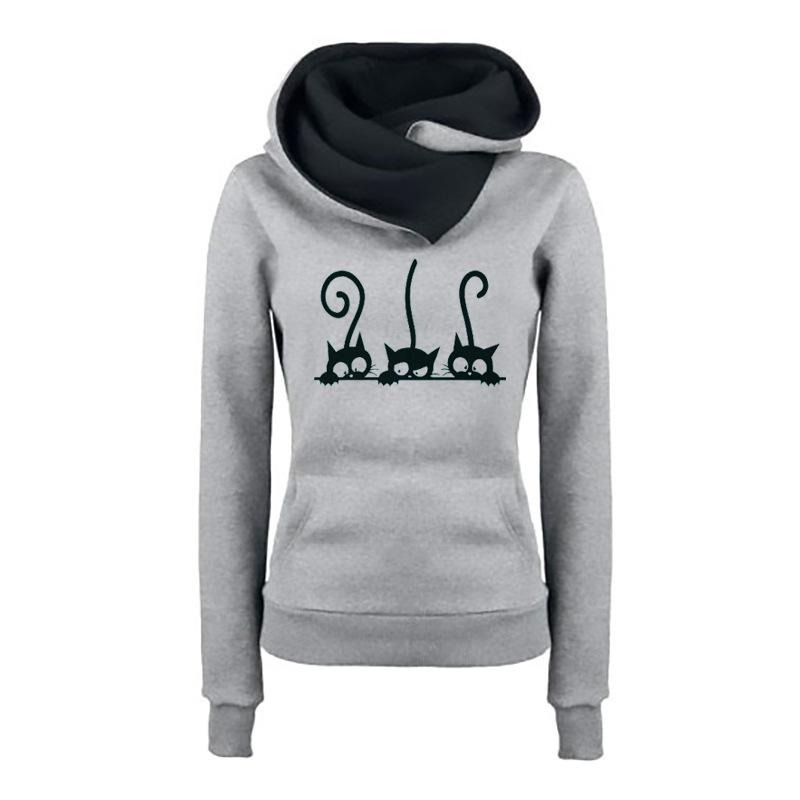 Fashionable gray women's hoodie with playful cat print, featuring a comfortable hood and casual style.