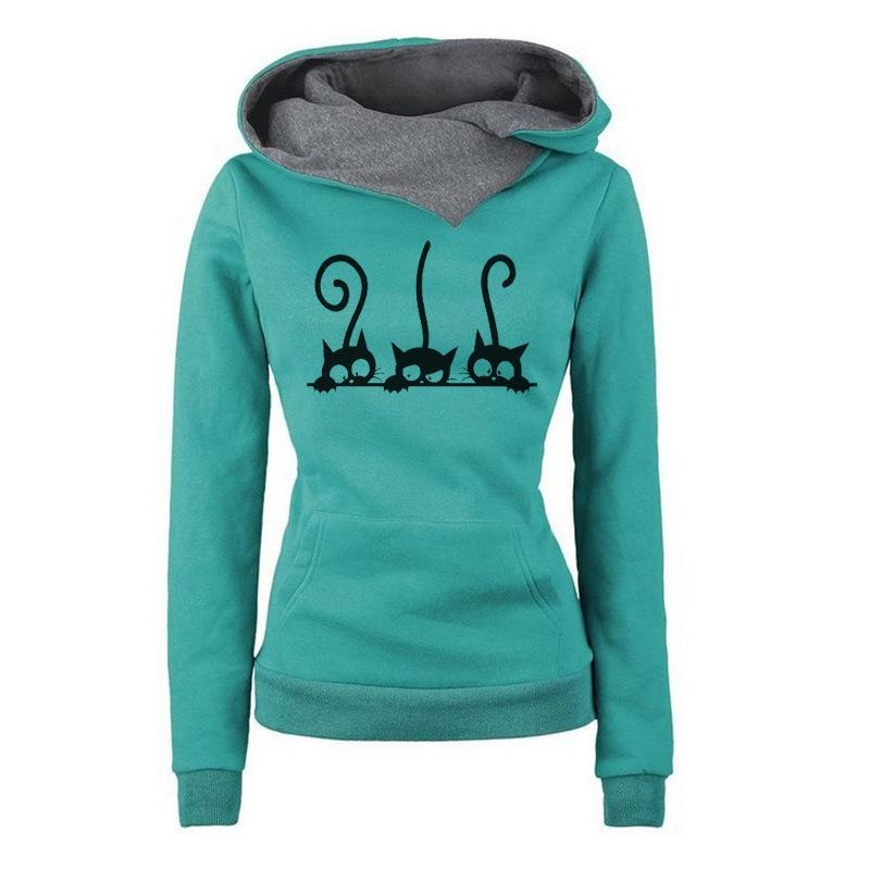 Women's casual teal hoodie with playful black cat print, perfect for stylish warmth in any season.