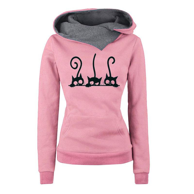 Women's pink hoodie with playful cat print, perfect for casual style and comfort, featuring a cozy hood.