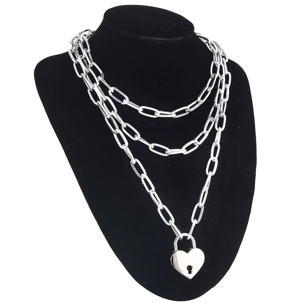 Fashion Chain Necklace with Three Layer / Women's Gothic Huge Heart Padlock - HARD'N'HEAVY