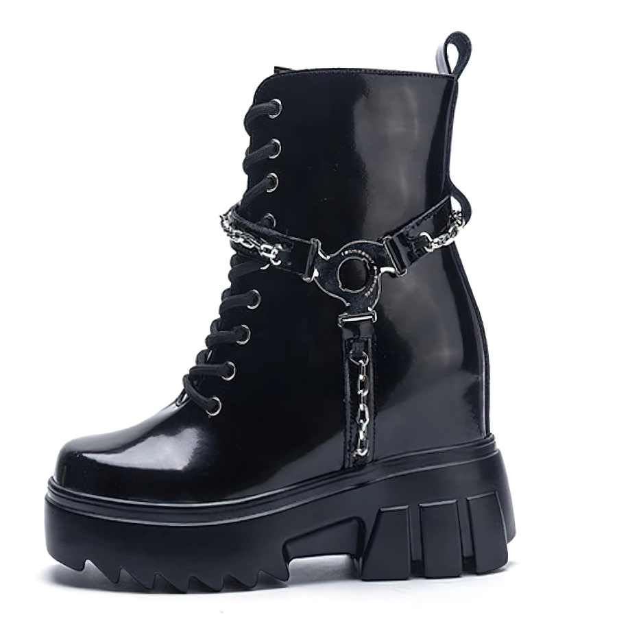 Fashion Chic Platform Height Boots with Metal Chain / Punk Style Women's Black Shoes - HARD'N'HEAVY