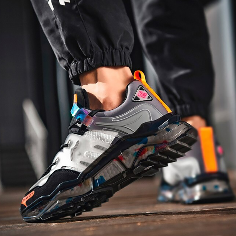 Colorful chunky sneakers with breathable design, perfect for casual sports and running, showcased in action.