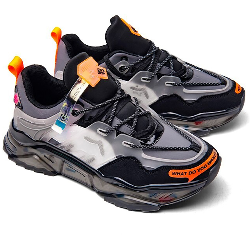 Fashion chunky breathable sneakers in black and gray with orange accents for casual sport wear.