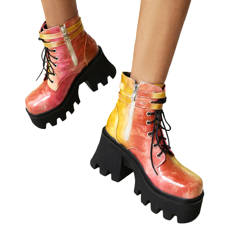 Colorful women's ankle boots with chunky heels in pink and yellow, perfect for street fashion lovers.