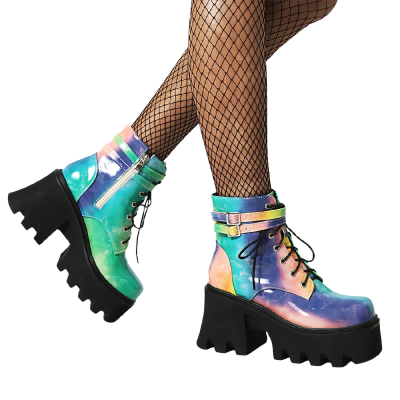 Colorful women's ankle boots with chunky heels, vibrant design, and lace-up detail, perfect for alternative street style.