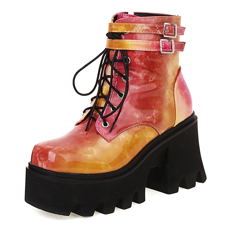 Colorful women's ankle boots with chunky heels and stylish straps, perfect for street fashion and alternative style.