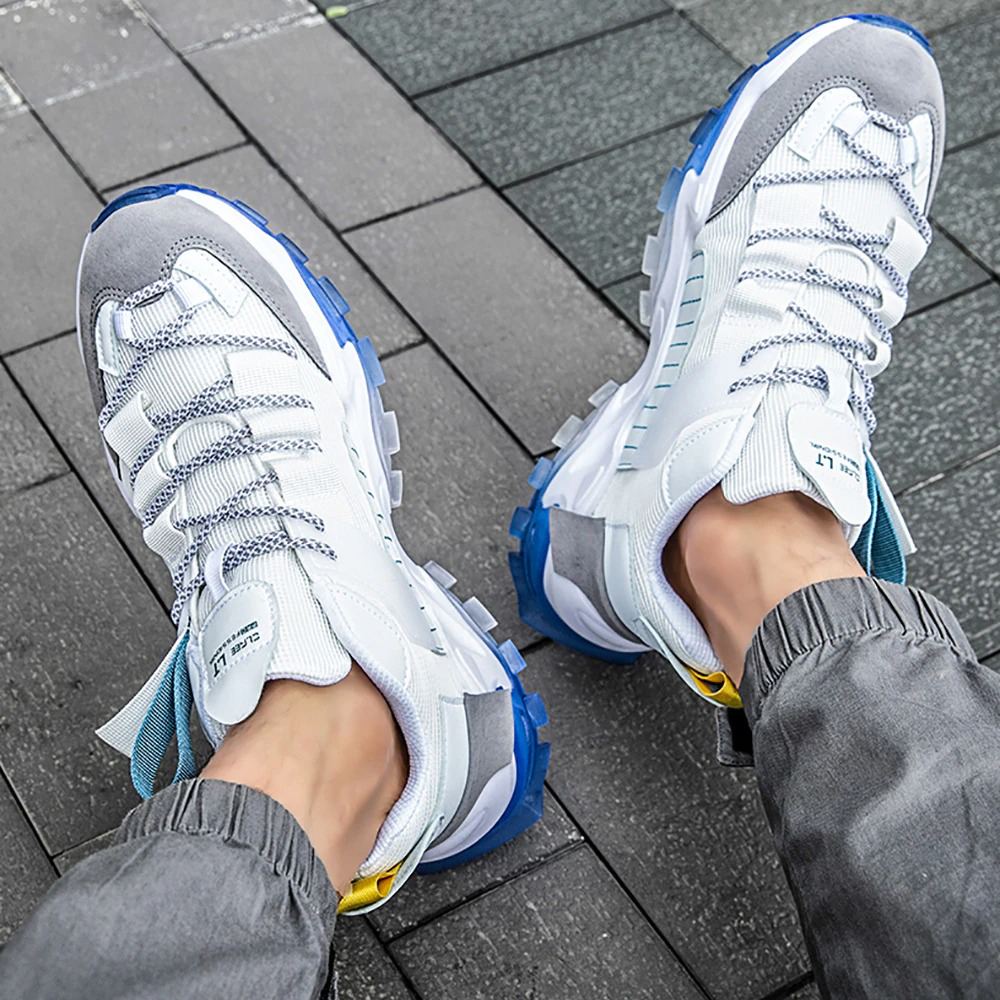 Men's breathable sneakers in gray and blue design, perfect for casual wear and running.