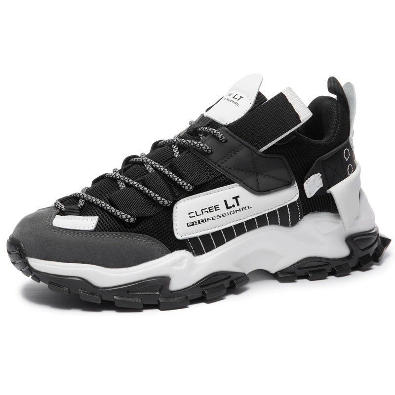 Stylish black and white breathable sneakers for casual wear and running, featuring flexible sole and unique design.