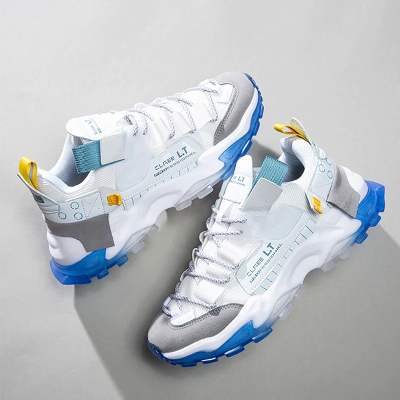 Stylish breathable sneakers in white and blue with a flexible sole, perfect for casual wear and running.