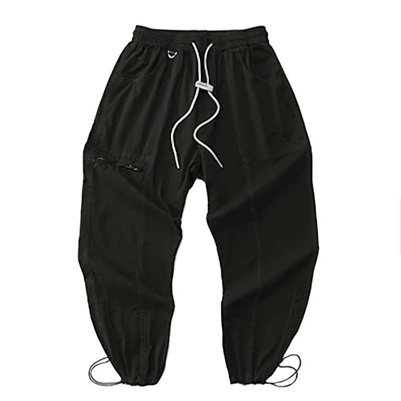 Casual black drawstring harem pants with elastic waist and cargo pockets for a trendy and comfortable look.