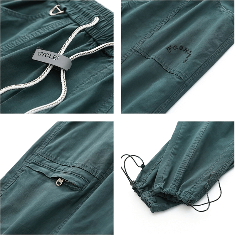 Close-up of teal fashion drawstring harem pants featuring logo, elastic waist, and cargo pockets for a casual look.