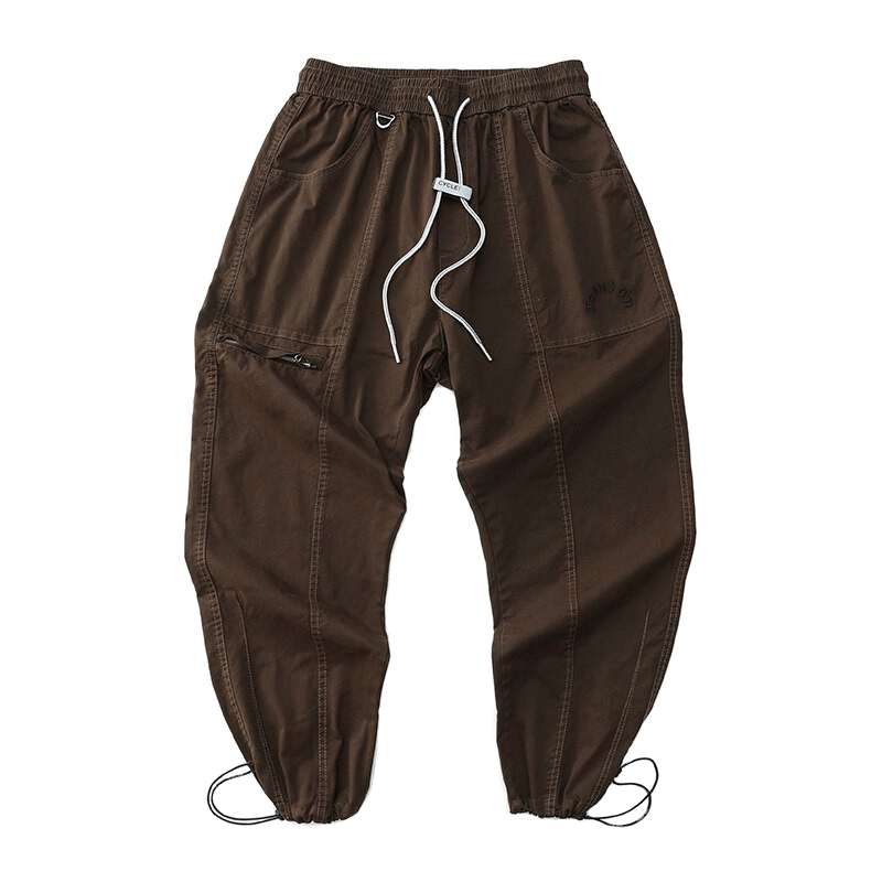 Fashion drawstring harem pants in brown, featuring elastic waist and modern cargo style for casual looks.