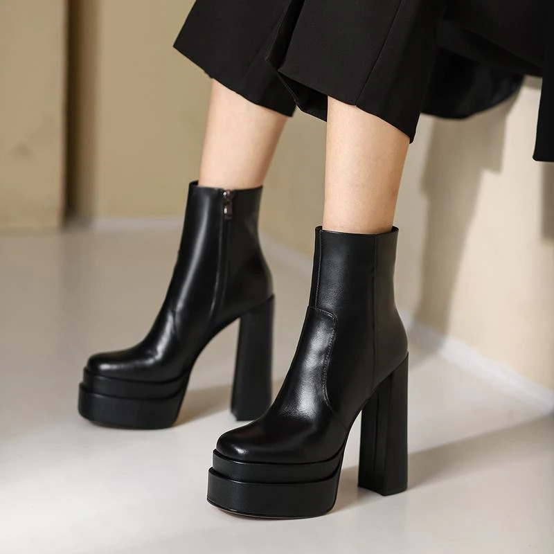 Fashion Comfortable Genuine Leather Ankle Boots / Women's Waterproof High Heel Shoes - HARD'N'HEAVY