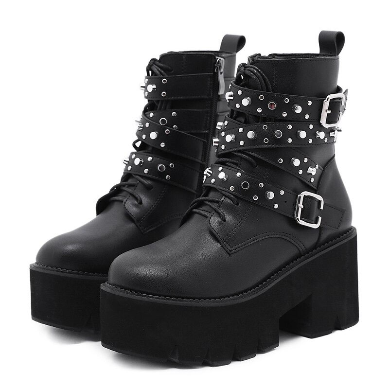 Fashion Comfortable PU Leather Boots with Buckles / Women's Thick Bottom Shoes - HARD'N'HEAVY