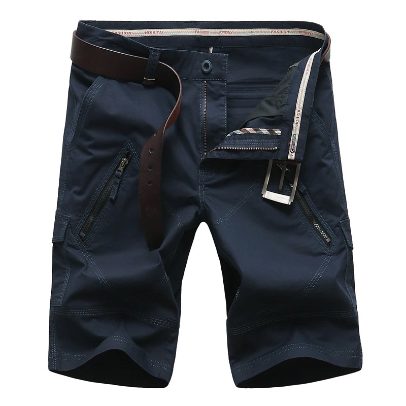 Navy blue cotton men's cargo shorts with pockets and a stylish belt, perfect for casual summer wear.