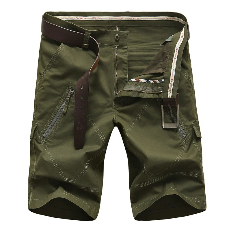 Men's cotton cargo shorts in olive green with belt, zipper fly, and multiple pockets for casual style.