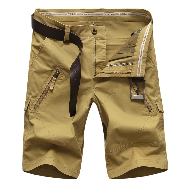 Men's cotton cargo shorts in khaki with pockets and brown belt for a casual summer look.