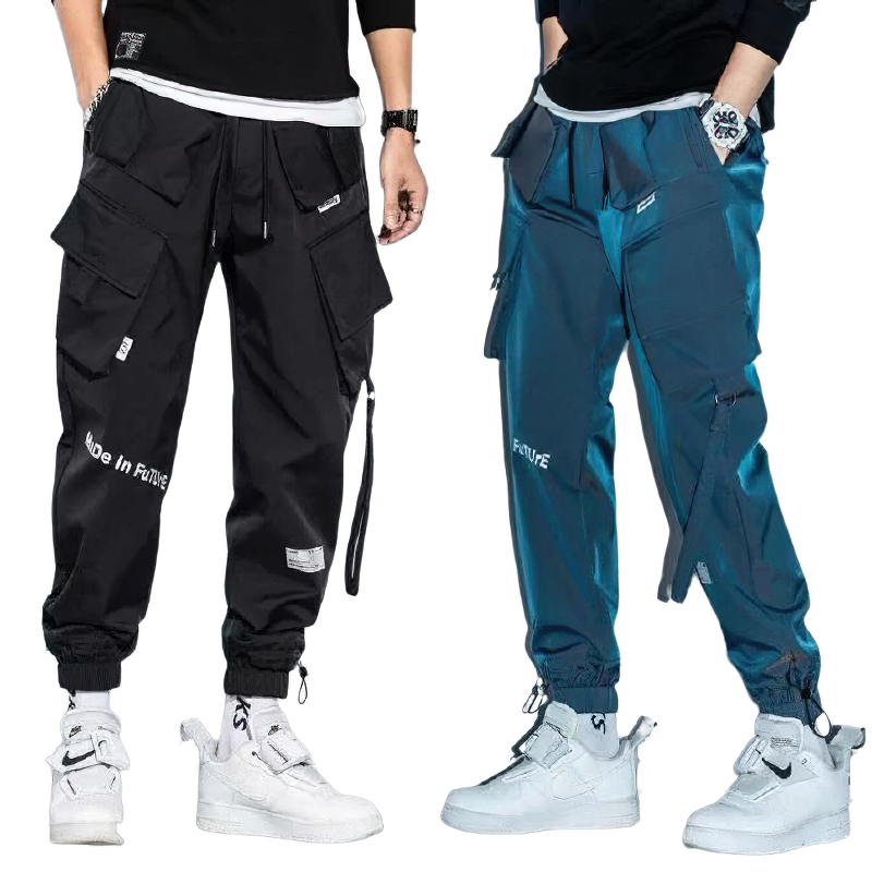 Stylish men's fashion cuffs pants with multi pockets in black and blue, perfect for casual streetwear outfits.