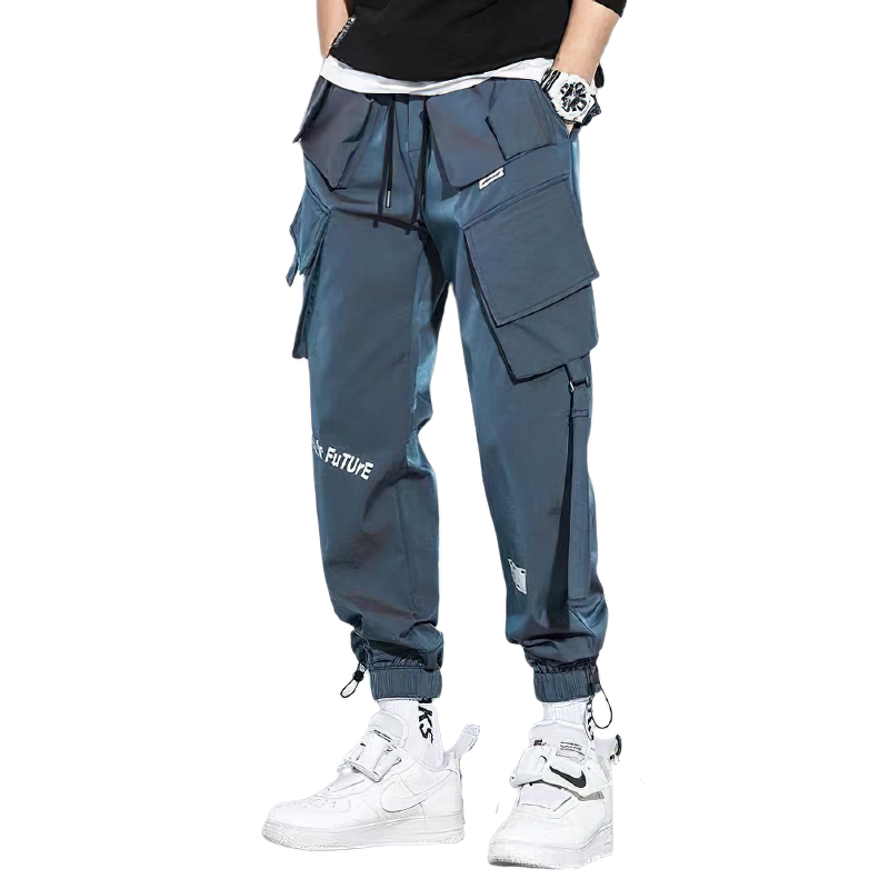 Men's casual streetwear pants in blue with multi pockets, trendy oversized cut, perfect for urban style.