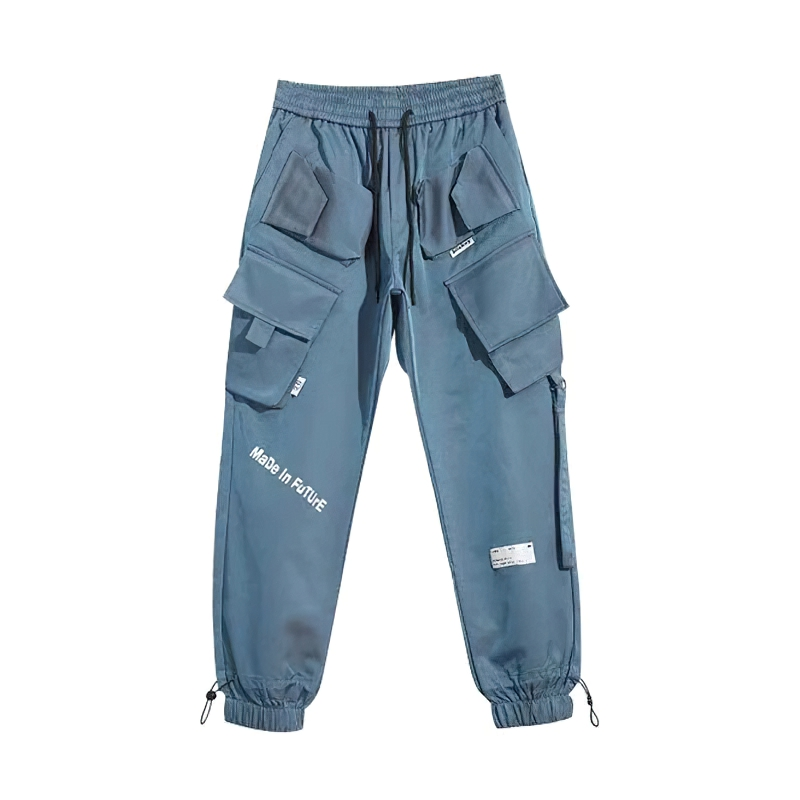 Stylish men's fashion cuffs pants in blue with multi pockets for casual streetwear.