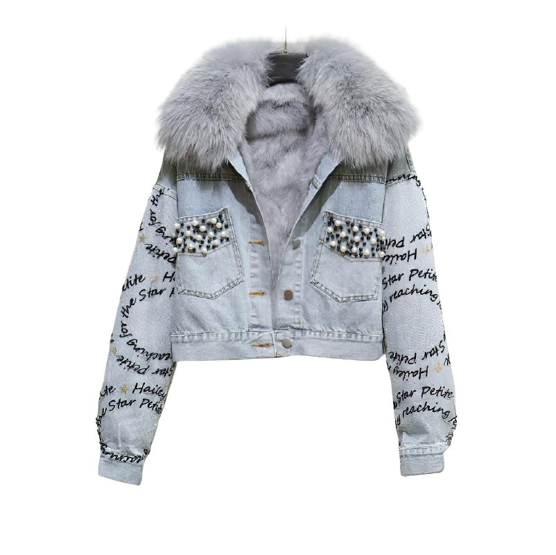 Fashion denim parka jacket with gray fur lining and beaded embroidery, perfect for winter style and warmth.