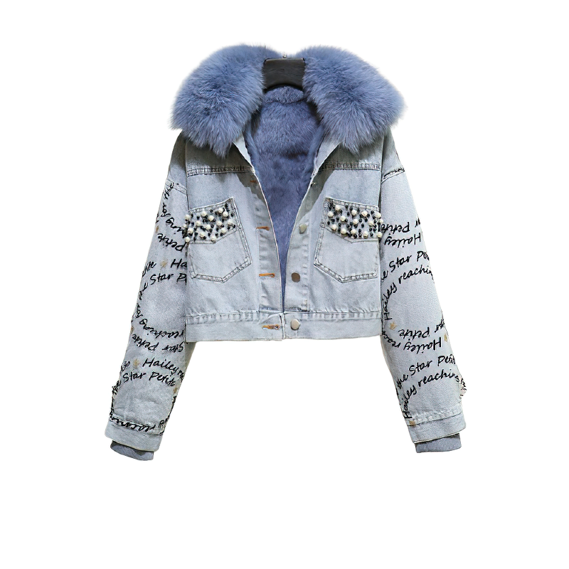 Fashion denim parka jacket with beaded embroidery and detachable blue fox fur lining, perfect for winter warmth.