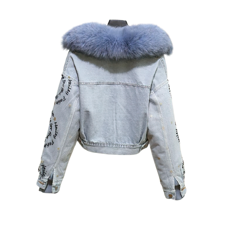 Back view of women's denim parka jacket with blue fur collar and stylish beaded embroidery.