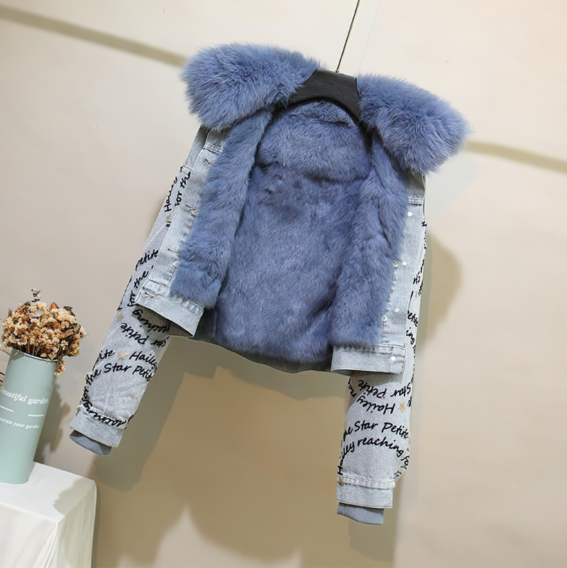 Fashion denim parka jacket with beaded embroidery and detachable real fox fur lining for women's winter style.
