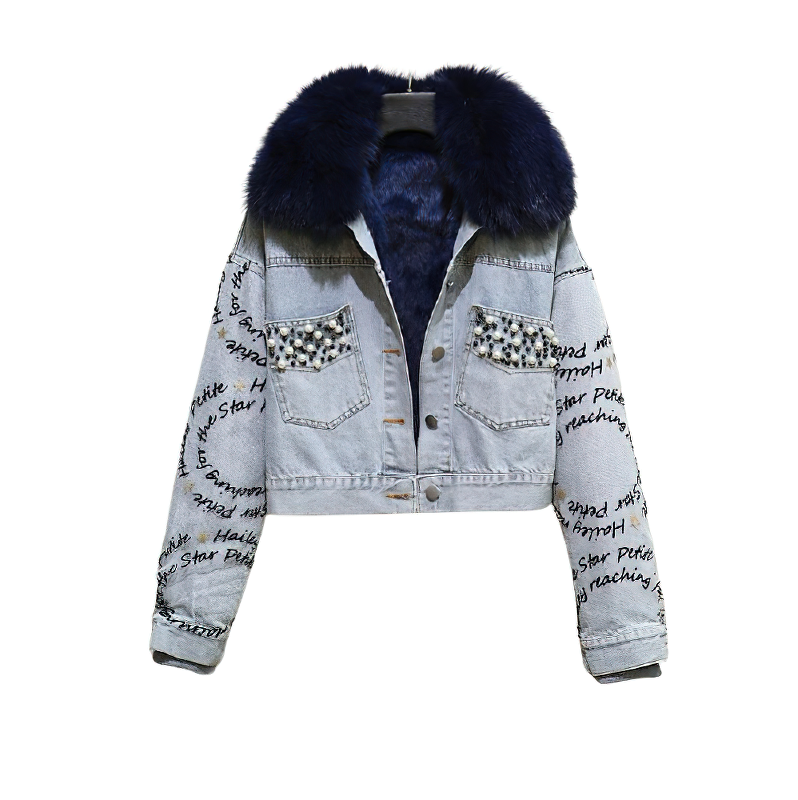 Fashion denim parka jacket with blue fur collar and beaded embroidery, perfect for winter warmth and casual style.