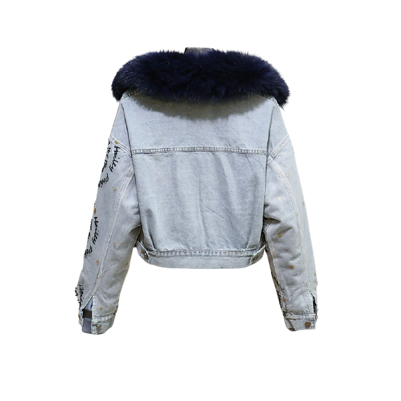 Back view of a women's denim parka jacket with beaded embroidery and a detachable fox fur collar.