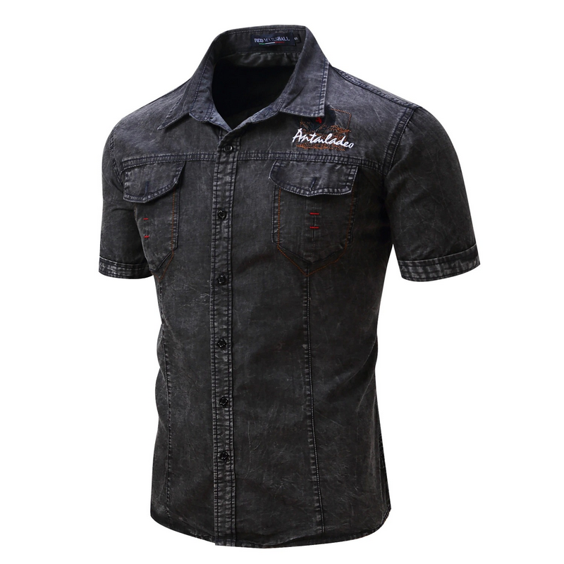 Fashion Denim Short Sleeve Shirt for Men / Military Male Cotton Slim Fit Cargo Shirts - HARD'N'HEAVY
