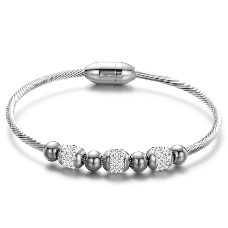 Trendy ladies stainless steel bracelet featuring charming beads and elegant rope chain for any special occasion.