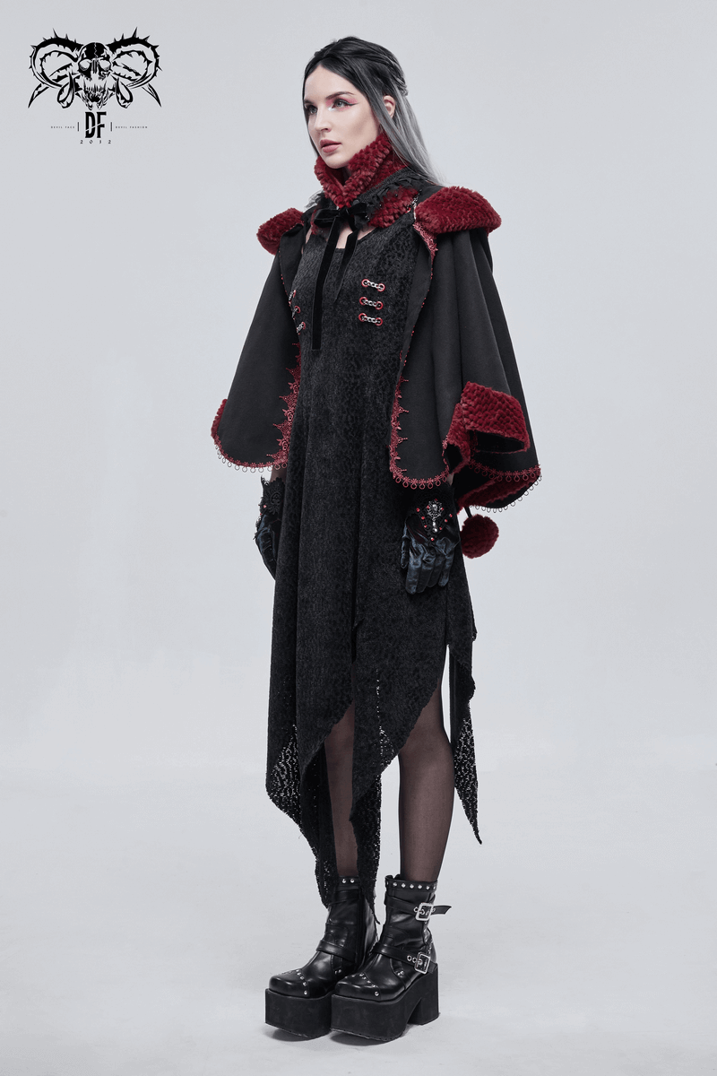 Gothic style model wearing a warm red faux fur scarf collar with lace, paired with a dark outfit and chunky platform boots.