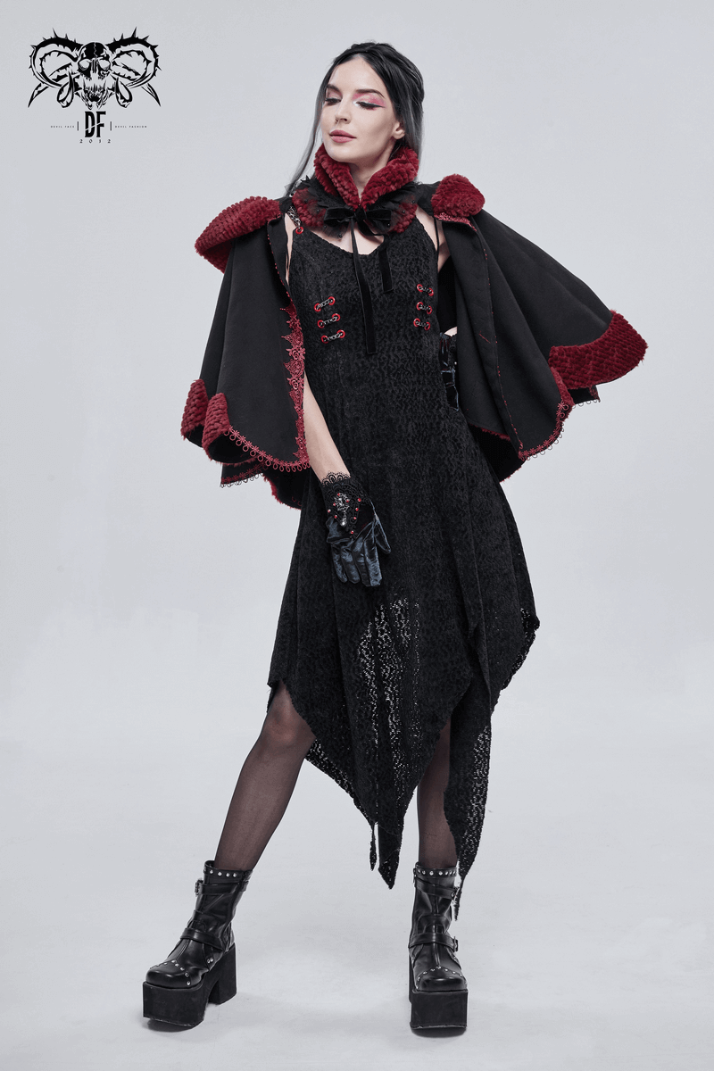 Gothic style model wearing warm red faux fur scarf over black dress, showcasing elegant vintage allure.