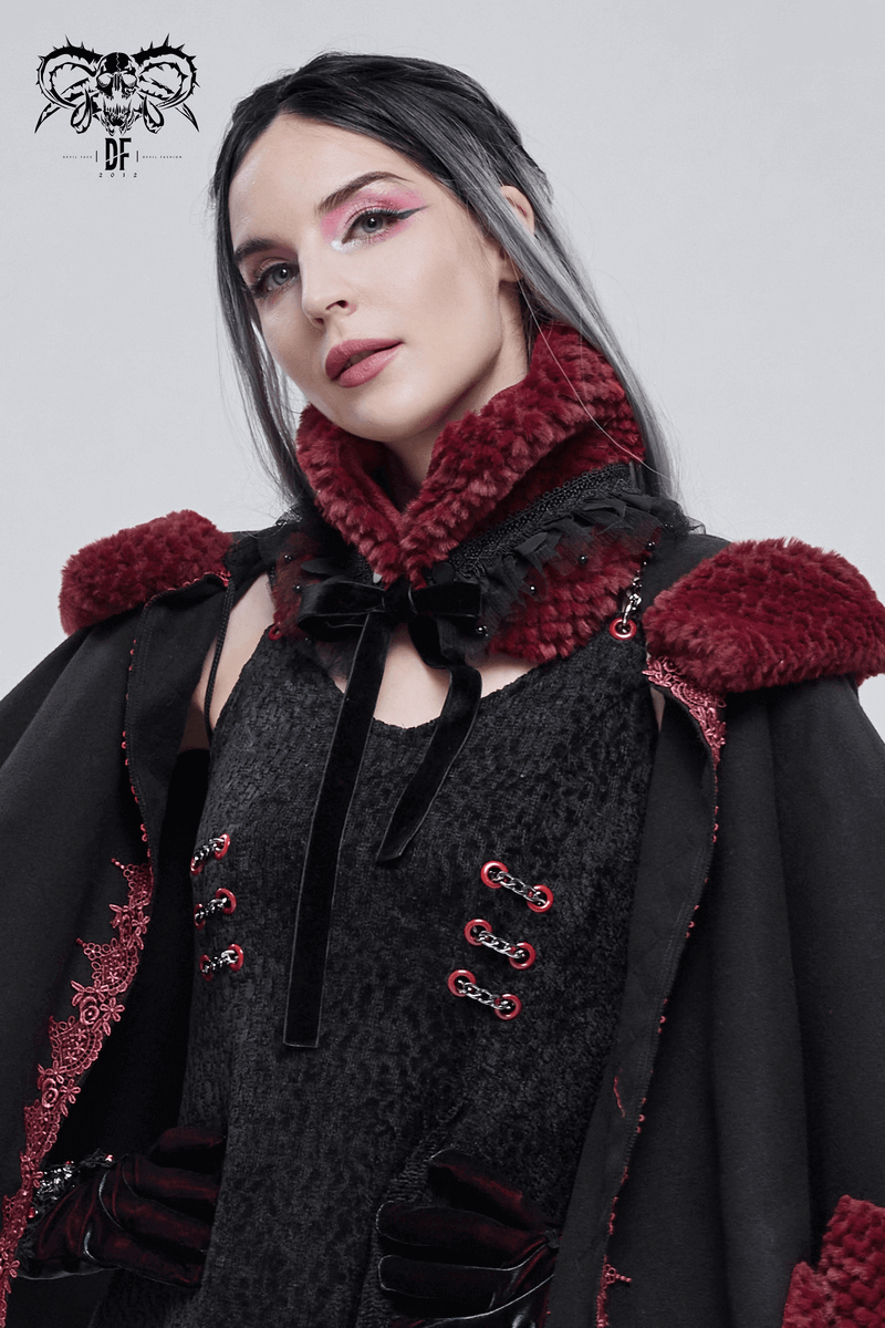 Gothic style fashion model wearing a warm red faux fur scarf with lace, showcasing elegance and vintage design.
