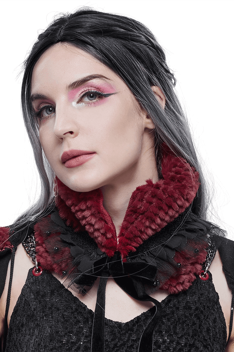 Gothic-style women's red faux fur scarf with beading, lace detail, and vintage charm, perfect for elegant outfits.