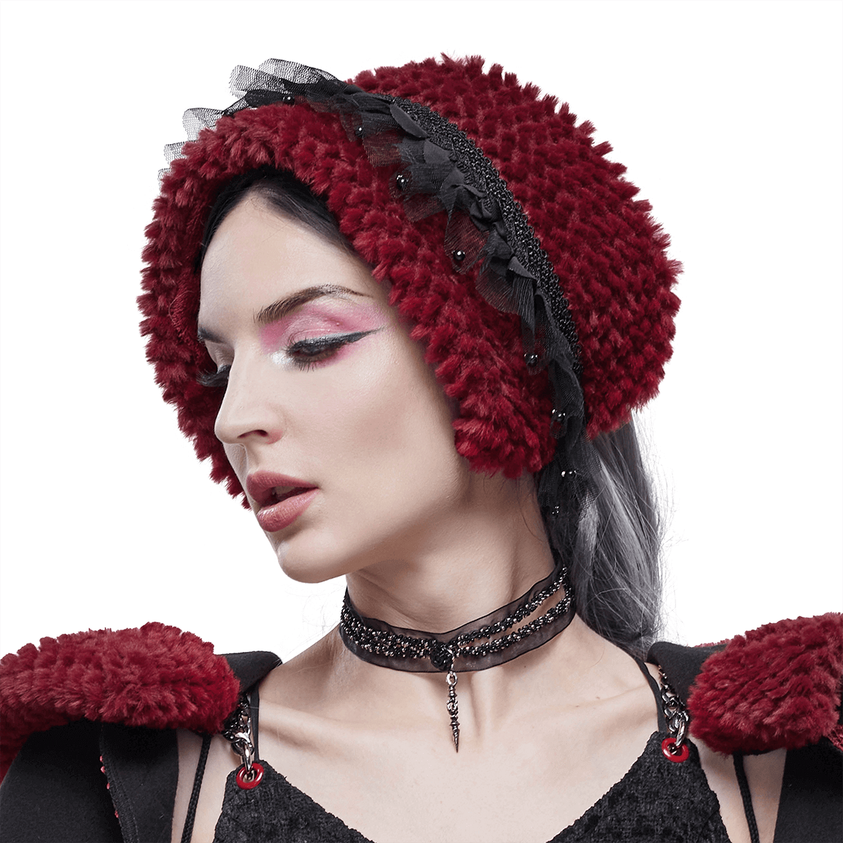 Fashion Faux Fur Scarf With Beading / Women's Red Warm Collar with Lace - HARD'N'HEAVY