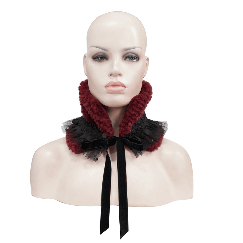 Fashion faux fur scarf collar in red, featuring lace insert and bow, perfect for gothic style outfits.