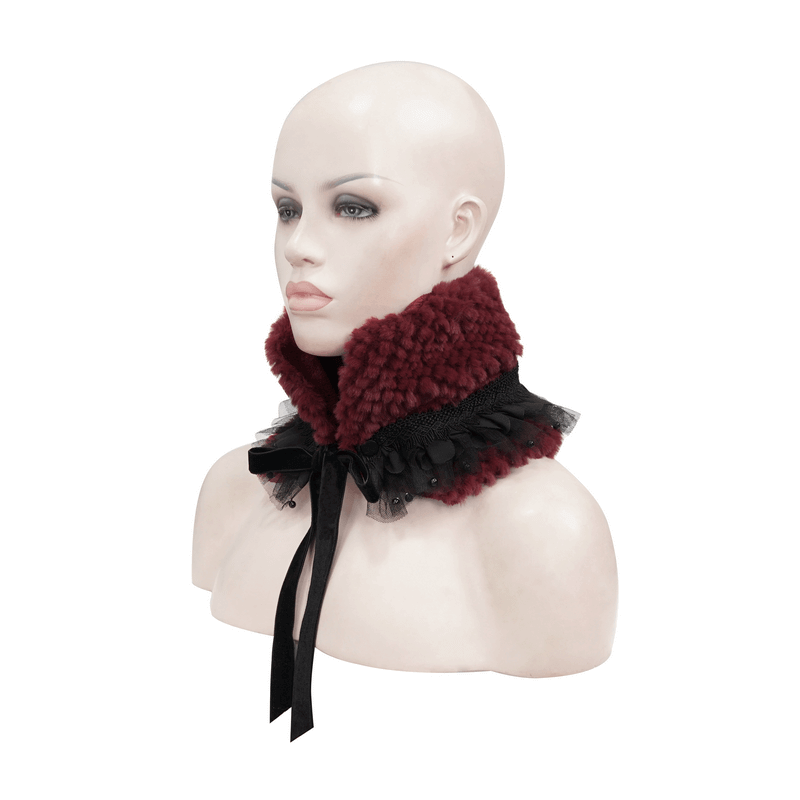 Fashion faux fur scarf with beading, gothic red collar featuring lace and ribbon, perfect accessory for elegant outfits.