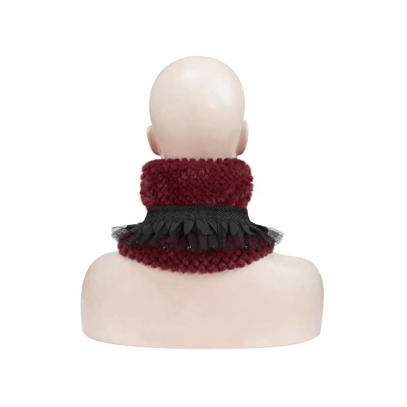 Back view of a women's warm red faux fur collar with lace, perfect for gothic style fashion.