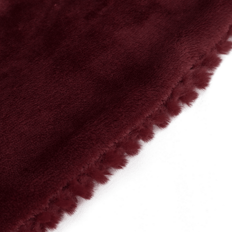 Close-up of a warm red faux fur scarf with soft texture and delicate beading, perfect gothic style accessory.