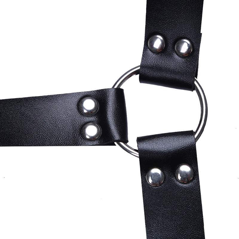 Close-up of a black faux leather chest harness with buckles and metal ring detail for cosplay outfits.